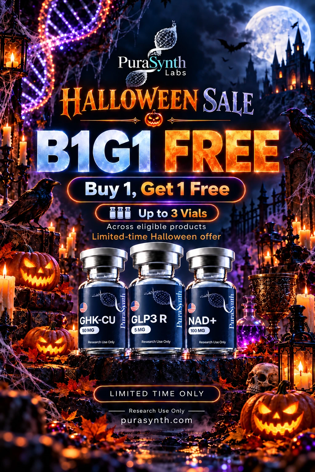 Halloween Sale โ Buy 1, Get 1 Free across eligible products, up to 3 free vials per order. Limited-time Halloween offer.
