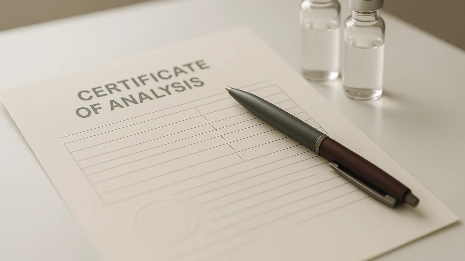 Certificate of analysis tied to a single lot number, with purity, identity, and consistency results checked